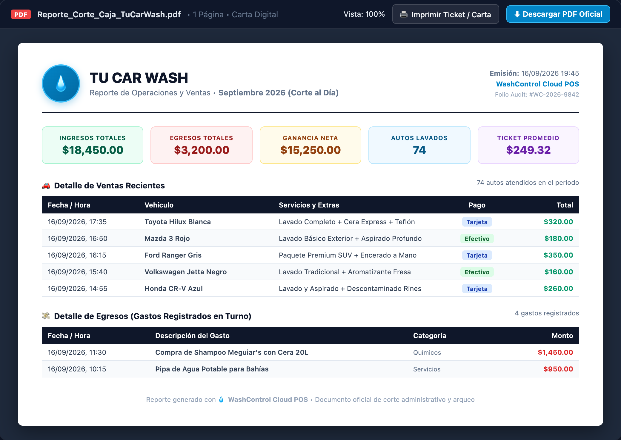Ejemplo real de Reporte Ejecutivo en PDF generado por WashControl